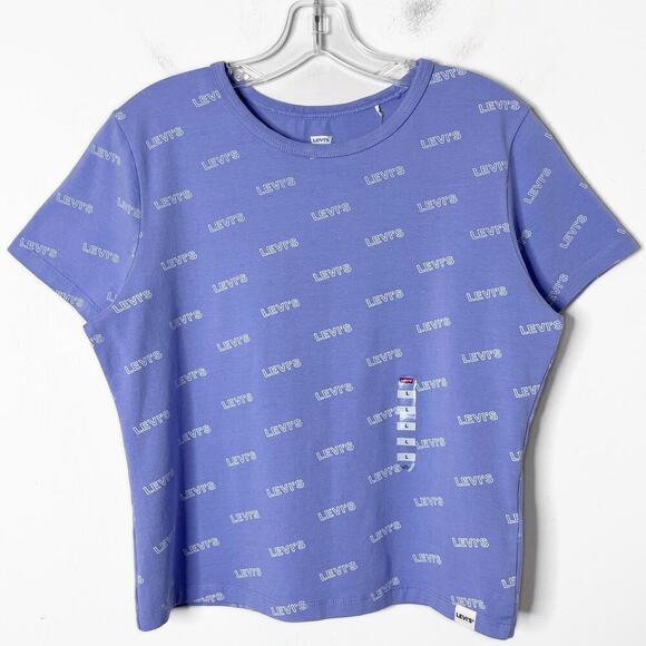 Levi's Womens Graphic T-Shirt L Blue Short Sleeve Slim Fit Logo Script Crew Neck - Picture 2 of 8